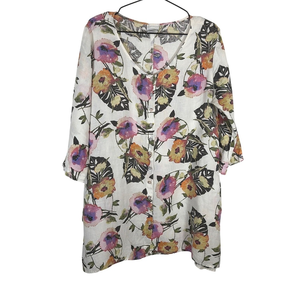 Click Women Floral Tropical Linen Tunic Button Down Pocket Blouse White Medium M